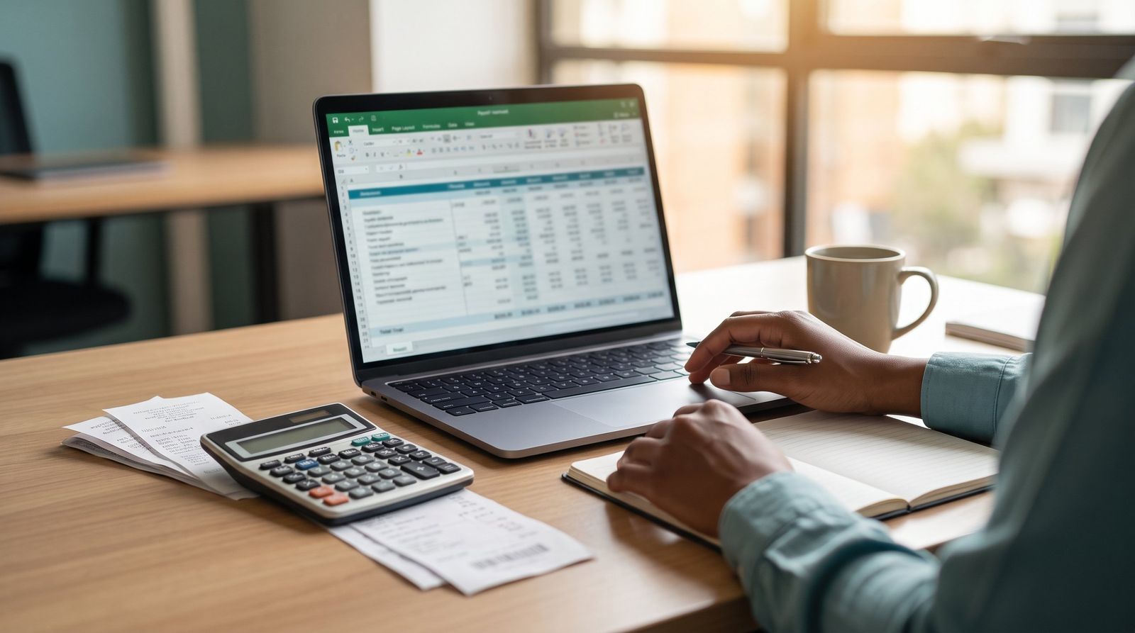 A person reviewing a payroll spreadsheet at a desk with a calculator, receipts and a notebook