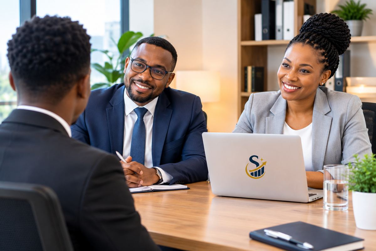 Two Scorelian interviewers welcoming a candidate in a friendly, professional interview