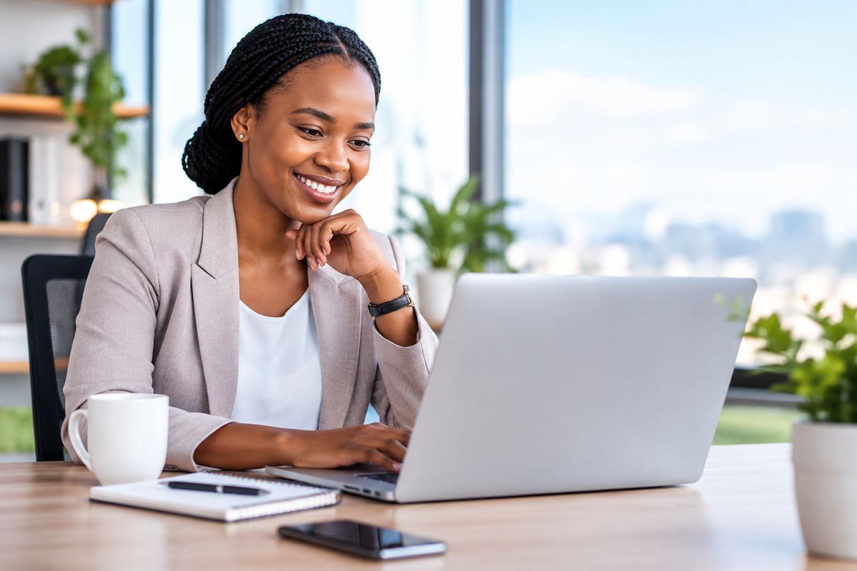 A smiling HR professional working on a laptop in a bright, modern office